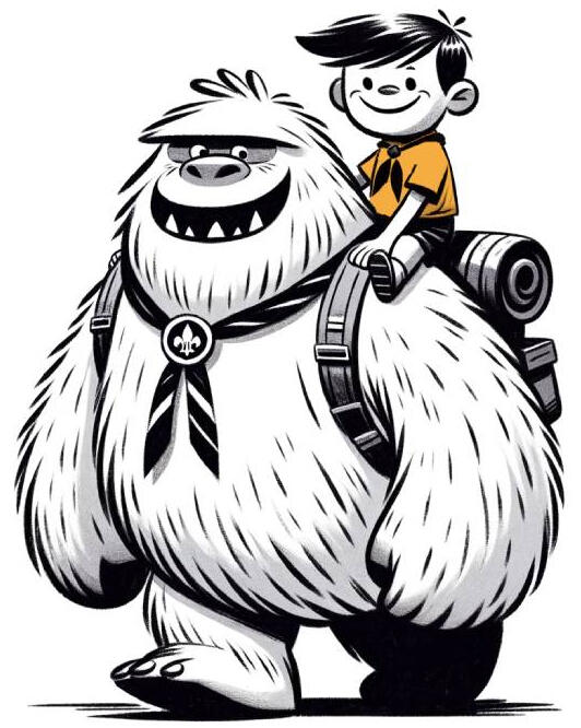 Imagen de un hombre yeti abrazando a un boy scout